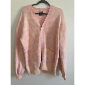 Steady Hands Knit Button Front Cardigan Size M/L Pink Hearts Pockets Print